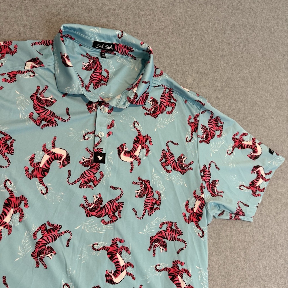 Bad Birdie Polo Shirt Men's 2XL Tiger Print Blue Performance Golf Stretch